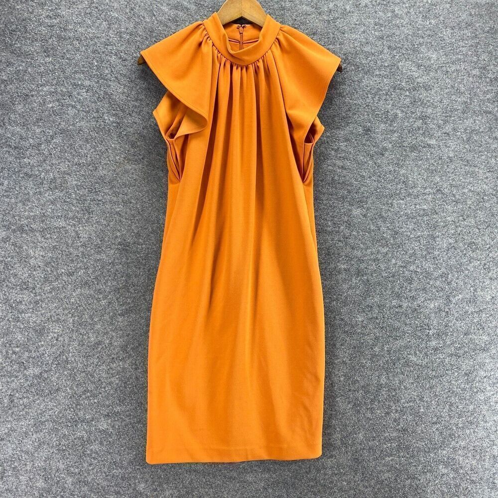 Calvin Klein Dress Women 6 Orange Shift Midi Zipper High Neck Short Sleeve